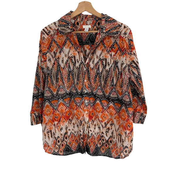 Chico's Cotton Button Front Shirt Orange Batik Print Size 3 or Women's XL 16 - Picture 1 of 5